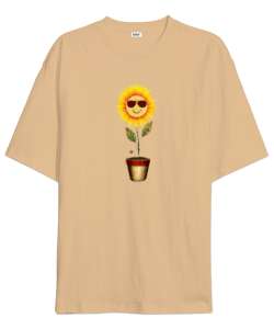 Ayçiçeği ve Uğur Böcekleri - Sun Flower - Ladybug Camel Oversize Unisex Tişört