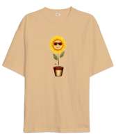 Ayçiçeği ve Uğur Böcekleri - Sun Flower - Ladybug Camel Oversize Unisex Tişört - Thumbnail