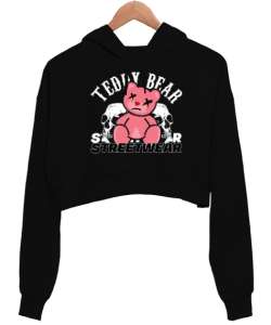 Ayı Teddy - Bear Siyah Kadın Crop Hoodie Kapüşonlu Sweatshirt