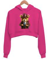 Ayı Teddy Fuşya Kadın Crop Hoodie Kapüşonlu Sweatshirt - Thumbnail