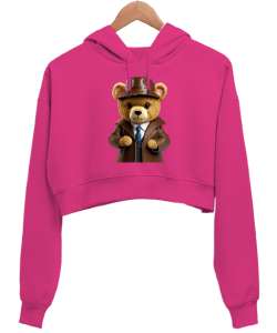 Ayı Teddy Fuşya Kadın Crop Hoodie Kapüşonlu Sweatshirt