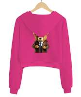 Ayı Teddy Fuşya Kadın Crop Hoodie Kapüşonlu Sweatshirt - Thumbnail