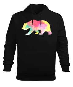 Ayı Vahşi Suluboya Renkli Tasarım Baskılı Siyah Erkek Kapüşonlu Hoodie Sweatshirt