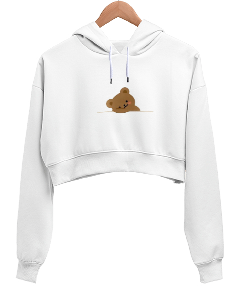 Tisho - Ayıcık baskılı Beyaz Kadın Crop Hoodie Kapüşonlu Sweatshirt