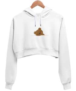 Ayıcık baskılı Beyaz Kadın Crop Hoodie Kapüşonlu Sweatshirt