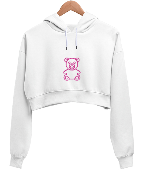 Ayıcık Baskılı Beyaz Kadın Crop Hoodie Kapüşonlu Sweatshirt