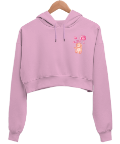 Ayıcık baskılı pembe crop sweat Kadın Crop Hoodie Kapüşonlu Sweatshirt