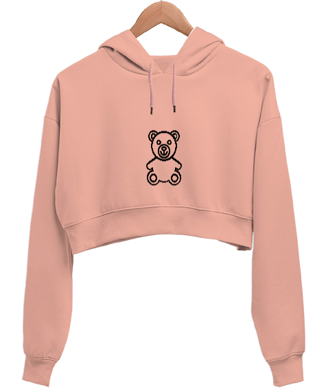 Ayıcık Baskılı Yavru Ağzı Kadın Crop Hoodie Kapüşonlu Sweatshirt