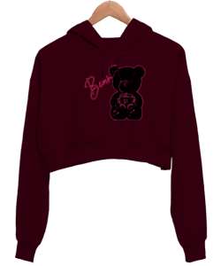 Ayicik Bordo Kadın Crop Hoodie Kapüşonlu Sweatshirt