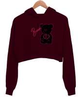 Ayicik Bordo Kadın Crop Hoodie Kapüşonlu Sweatshirt - Thumbnail