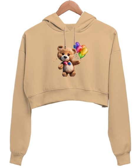 Tisho - Ayicik Camel Kadın Crop Hoodie Kapüşonlu Sweatshirt