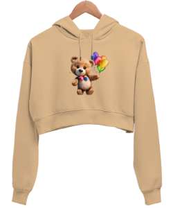 Ayicik Camel Kadın Crop Hoodie Kapüşonlu Sweatshirt