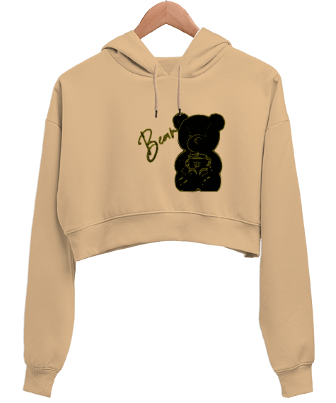 Tisho - Ayicik Camel Kadın Crop Hoodie Kapüşonlu Sweatshirt