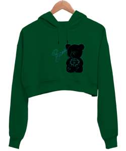 Ayicik Çimen Yeşili Kadın Crop Hoodie Kapüşonlu Sweatshirt