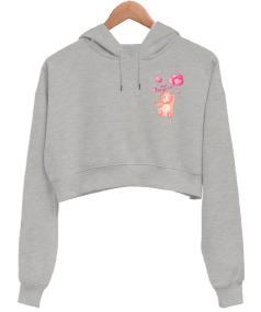 Ayıcık desenli Kadın Crop Hoodie Kapüşonlu Sweatshirt Gri Kadın Crop Hoodie Kapüşonlu Sweatshirt