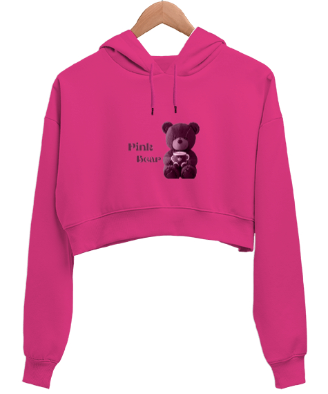 Ayicik Fuşya Kadın Crop Hoodie Kapüşonlu Sweatshirt - Tisho