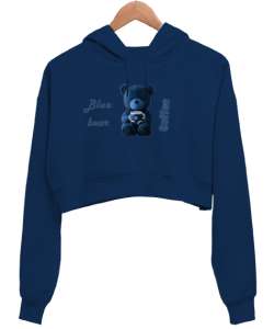 Ayicik Lacivert Kadın Crop Hoodie Kapüşonlu Sweatshirt