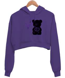 Ayicik Mor Kadın Crop Hoodie Kapüşonlu Sweatshirt