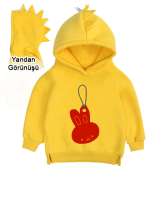 Ayıcık resimli Sarı Çocuk Dinozor Kapşonlu Hoodie - Thumbnail