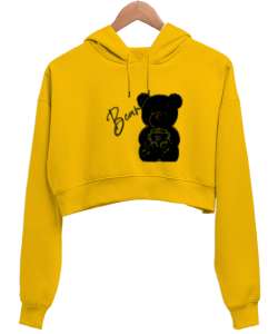 Ayicik Sarı Kadın Crop Hoodie Kapüşonlu Sweatshirt