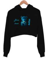 Ayıcık Siyah Kadın Crop Hoodie Kapüşonlu Sweatshirt - Thumbnail