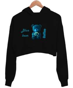 Ayıcık Siyah Kadın Crop Hoodie Kapüşonlu Sweatshirt