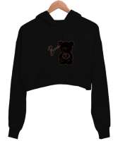 Ayicik Siyah Kadın Crop Hoodie Kapüşonlu Sweatshirt - Thumbnail