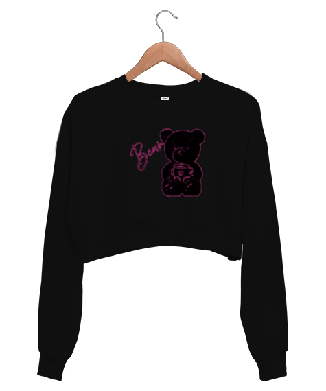 Tisho - Ayicik Siyah Kadın Crop Sweatshirt