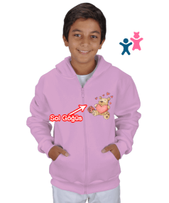 Ayıcık ve dişi kardan adam resimli kız çocuk Çocuk Kapüşonlu Hoodie Fermuarlı - Thumbnail