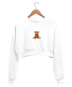 Ayıcıklı Beyaz Kadın Crop Sweatshirt