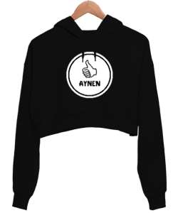 Aynen Komik Esprili Siyah Kadın Crop Hoodie Kapüşonlu Sweatshirt