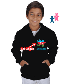 Azerbaycan,Azerbaijan,Azerbaycan Bayrağı,Azerbaycan logosu. Çocuk Kapüşonlu Hoodie Fermuarlı