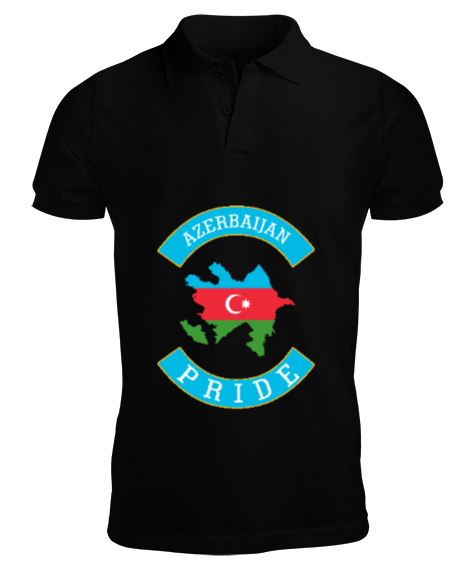 Tisho - Azerbaycan,Azerbaijan,Azerbaycan Bayrağı,Azerbaycan logosu. Siyah Erkek Kısa Kol Polo Yaka