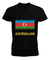 Azerbaycan,Azerbaijan,Azerbaycan Bayrağı,Azerbaycan logosu. Siyah Erkek Kısa Kol V Yaka Tişört - Thumbnail