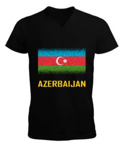 Azerbaycan,Azerbaijan,Azerbaycan Bayrağı,Azerbaycan logosu. Siyah Erkek Kısa Kol V Yaka Tişört