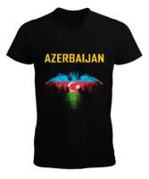 Azerbaycan,Azerbaijan,Azerbaycan Bayrağı,Azerbaycan logosu. Siyah Erkek Kısa Kol V Yaka Tişört - Thumbnail