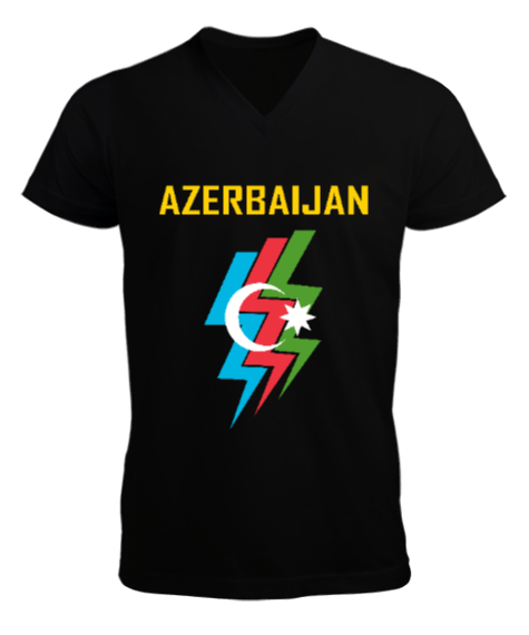 Tisho - Azerbaycan,Azerbaijan,Azerbaycan Bayrağı,Azerbaycan logosu. Siyah Erkek Kısa Kol V Yaka Tişört