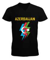 Azerbaycan,Azerbaijan,Azerbaycan Bayrağı,Azerbaycan logosu. Siyah Erkek Kısa Kol V Yaka Tişört - Thumbnail