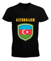 Azerbaycan,Azerbaijan,Azerbaycan Bayrağı,Azerbaycan logosu. Siyah Erkek Kısa Kol V Yaka Tişört - Thumbnail