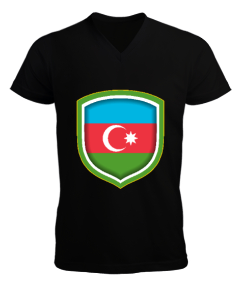 Tisho - Azerbaycan,Azerbaijan,Azerbaycan Bayrağı,Azerbaycan logosu. Siyah Erkek Kısa Kol V Yaka Tişört