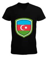 Azerbaycan,Azerbaijan,Azerbaycan Bayrağı,Azerbaycan logosu. Siyah Erkek Kısa Kol V Yaka Tişört - Thumbnail