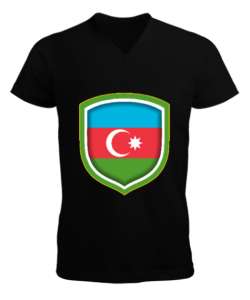 Azerbaycan,Azerbaijan,Azerbaycan Bayrağı,Azerbaycan logosu. Siyah Erkek Kısa Kol V Yaka Tişört