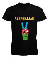 Azerbaycan,Azerbaijan,Azerbaycan Bayrağı,Azerbaycan logosu. Siyah Erkek Kısa Kol V Yaka Tişört - Thumbnail