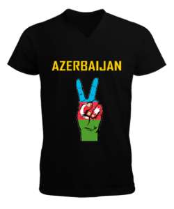 Azerbaycan,Azerbaijan,Azerbaycan Bayrağı,Azerbaycan logosu. Siyah Erkek Kısa Kol V Yaka Tişört