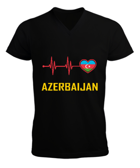 Tisho - Azerbaycan,Azerbaijan,Azerbaycan Bayrağı,Azerbaycan logosu. Siyah Erkek Kısa Kol V Yaka Tişört