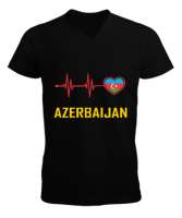 Azerbaycan,Azerbaijan,Azerbaycan Bayrağı,Azerbaycan logosu. Siyah Erkek Kısa Kol V Yaka Tişört - Thumbnail