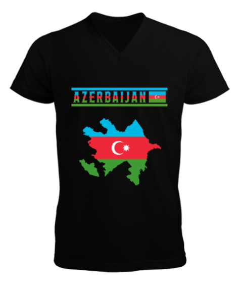 Tisho - Azerbaycan,Azerbaijan,Azerbaycan Bayrağı,Azerbaycan logosu. Siyah Erkek Kısa Kol V Yaka Tişört