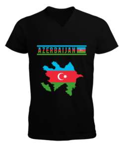 Azerbaycan,Azerbaijan,Azerbaycan Bayrağı,Azerbaycan logosu. Siyah Erkek Kısa Kol V Yaka Tişört