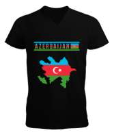 Azerbaycan,Azerbaijan,Azerbaycan Bayrağı,Azerbaycan logosu. Siyah Erkek Kısa Kol V Yaka Tişört - Thumbnail