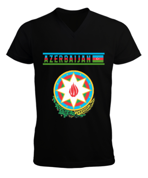 Tisho - Azerbaycan,Azerbaijan,Azerbaycan Bayrağı,Azerbaycan logosu. Siyah Erkek Kısa Kol V Yaka Tişört